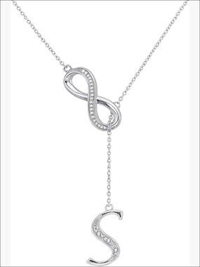 925 Sterling Silver Diamond Infinity Lariat Necklace with Initial Pendant